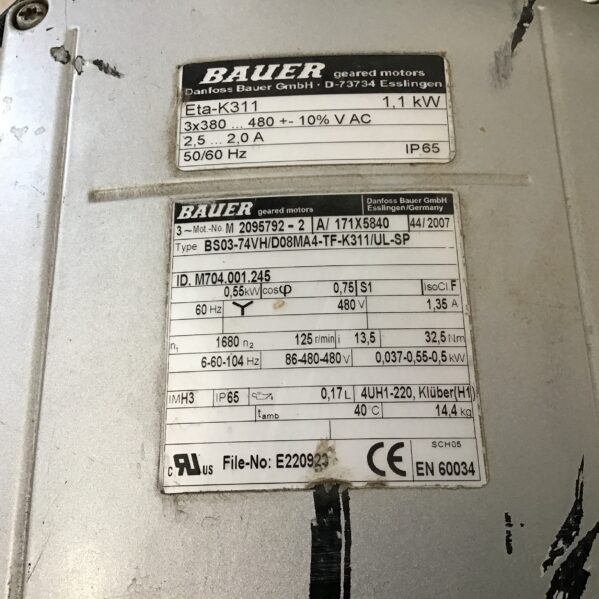 Bauer Eta-K311 1.1kW Frequency Inverter Geared Motor 1680-125RPM 480V 3PH - Image 6