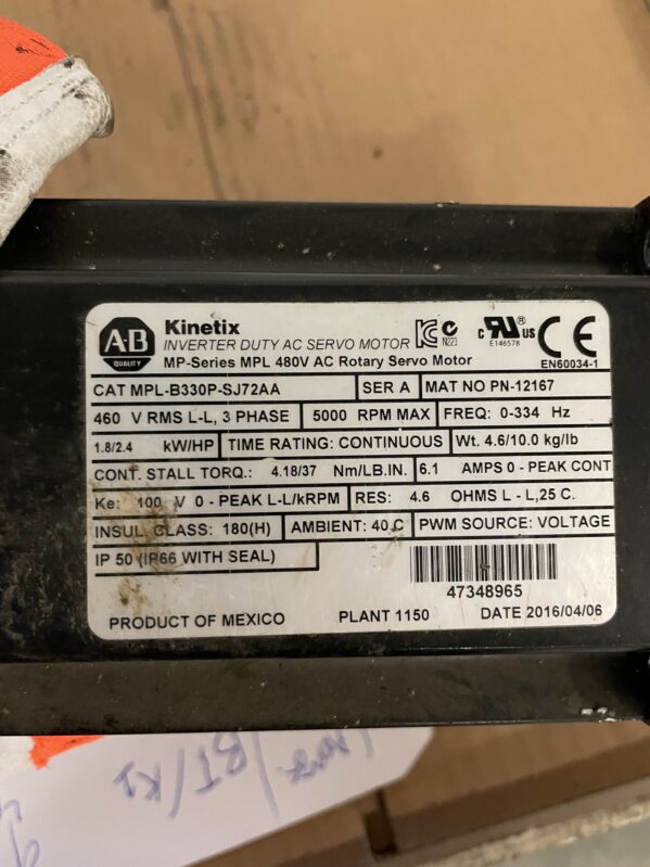 Allen-Bradley MPL-B330P-SJ72AA AC Servo Motor 2.4HP 5000RPM 460V 3PH - Image 5