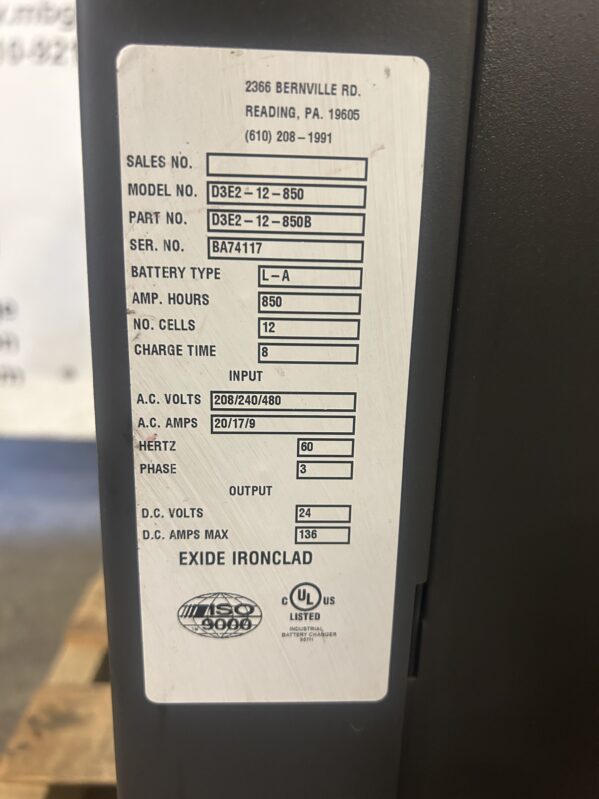 Exide D3E2-12-850 24V Lift Truck/Forklift Battery Charger 208/240/480V 3PH 850AH - Image 3