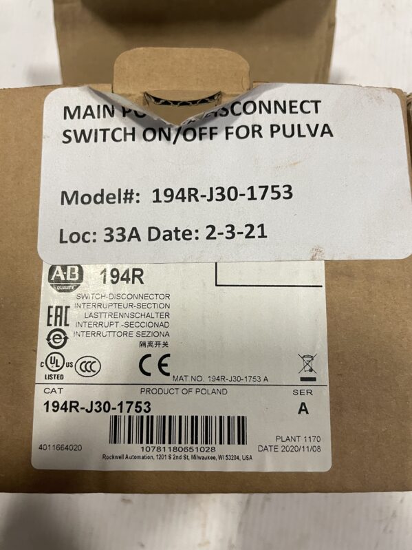 Allen-Bradley 194R-J30-1753 Rotary Disconnect Switch 30A 600V 3-Pole | NEMA UL508 - Image 2