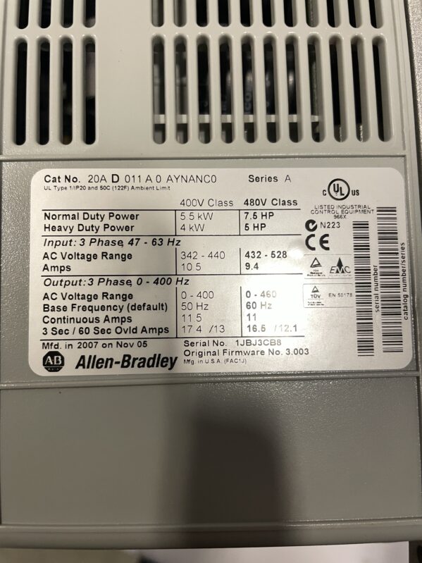Allen-Bradley PowerFlex 70 VFD 20AD011A0AYNANC0 | 5HP 7.5HP | 480V AC Drive | Variable Frequency Drive - Image 6