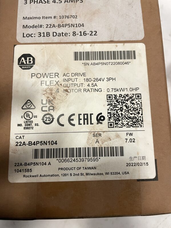 Allen-Bradley PowerFlex 4 VFD 22A-B4P5N104 Ser A | 1HP 240V 3PH AC Drive | New In Box (NIB) - Image 4