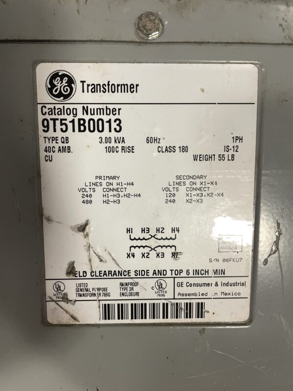 GE 9T51B003 3KVA Transformer 60Hz 240/480V 120/240V 1PH - Image 5