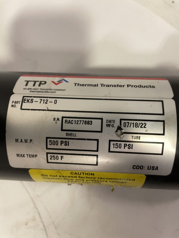 TTP EKS-712-0 Shell and Tube Heat Exchanger 150/500psi 250F 3/4” FNPT 80 gpm - Image 7