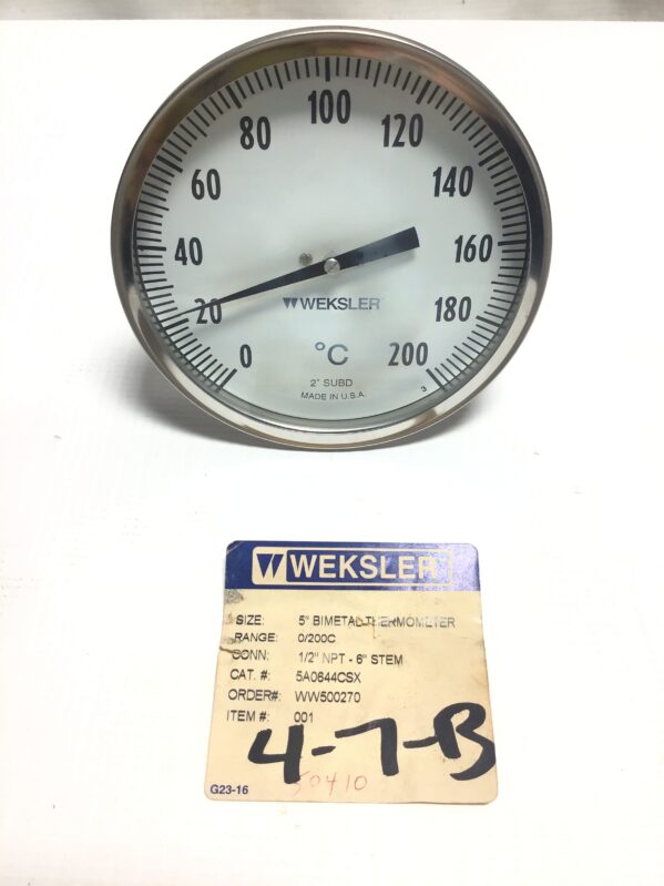 Weksler 5A0644CSX Thermometer 1/2" NPT 6" STEM 5" Face Bimetal 0-200°C Range - Image 2