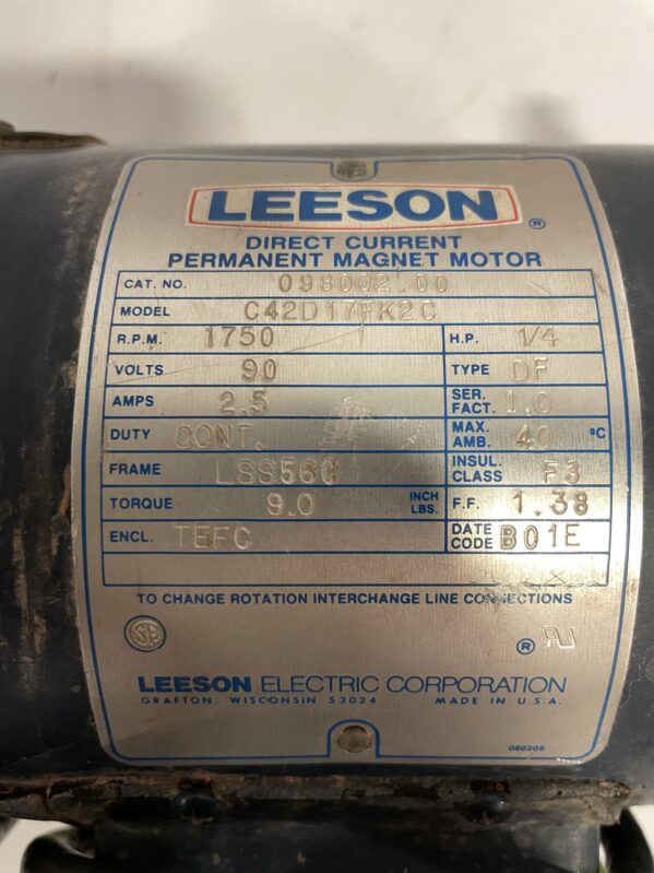 LEESON C42D17FK2C 90V DC Permanent Magnet Motor 1/4HP 1750RPM TEFC - Image 5