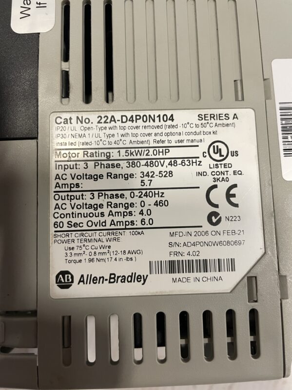 Allen-Bradley PowerFlex 22A-D4P0N104 Ser A VFD AC Drive 2HP 380-480V 48-63Hz - Image 4