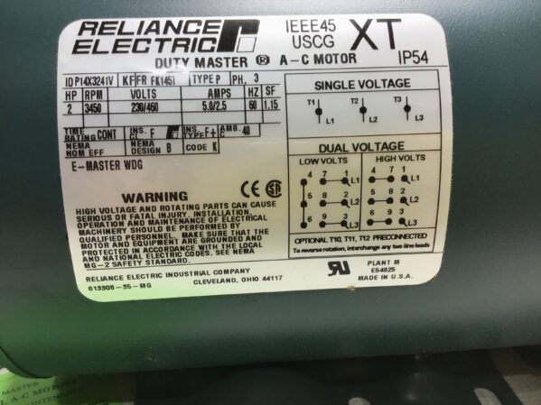 Reliance Electric P14X3241V Electric AC Motor 3450RPM 2HP 230/460V 60Hz 3PH - Image 2