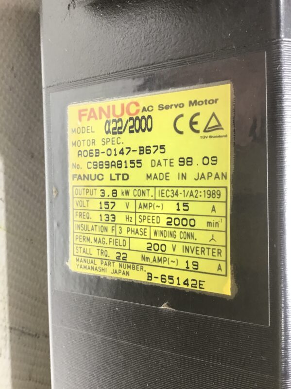 Fanuc a22/2000 AC Servo Motor 157V 15A 133Hz 3Phase 3,8kW Cont - Image 5