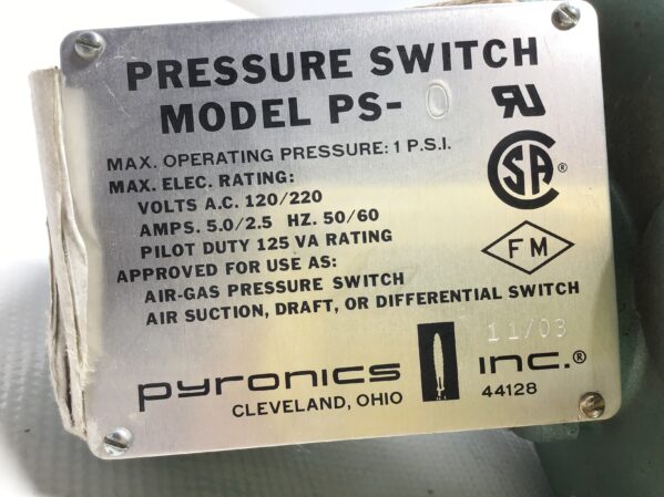 Pyronics PS-0 Pressure Switch Max Operating Pressure 1 PSI Max Electric Rating 120/220VAC - Image 2