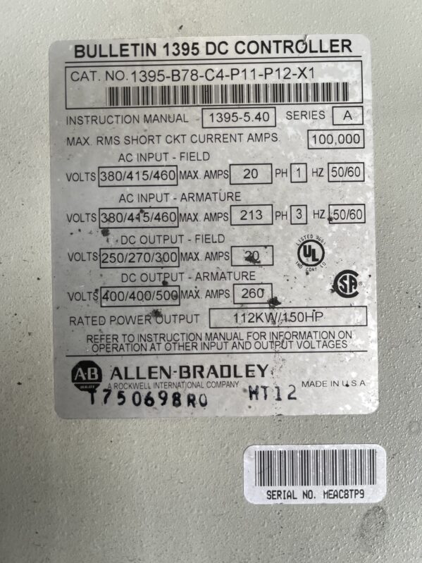 Allen Bradley Bulletin 1395-B78-C4-P11-P12-X1    DC Drive - Image 2