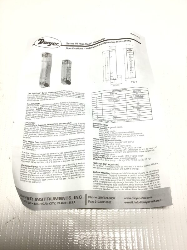 Dwyer VFB-51-EC Visi-Float Variable Area Flowmeter 5-20 SCFH Air - Image 9