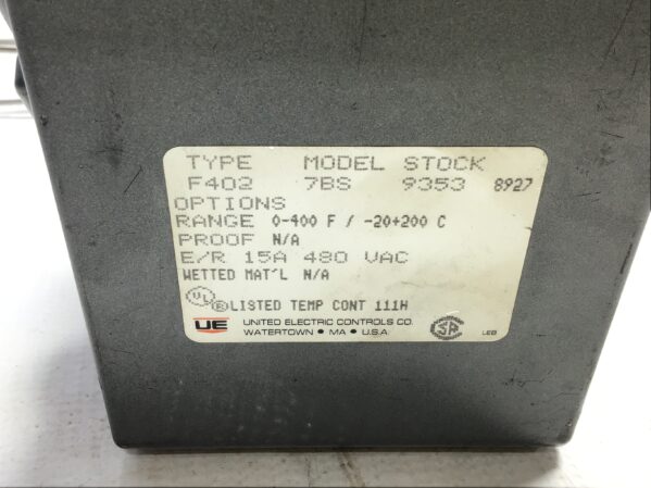 United Electric Controls 7BS Pressure Switch Range 0-400F 15A 480VAC Type F402 - Image 3
