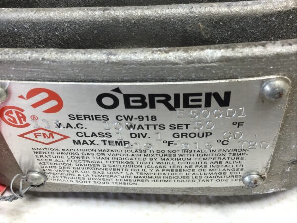 O'Brien CW-918 Heating Element 100 Watts 115 VAC Set 50°F Max Temp 419°F 215°C - Image 2