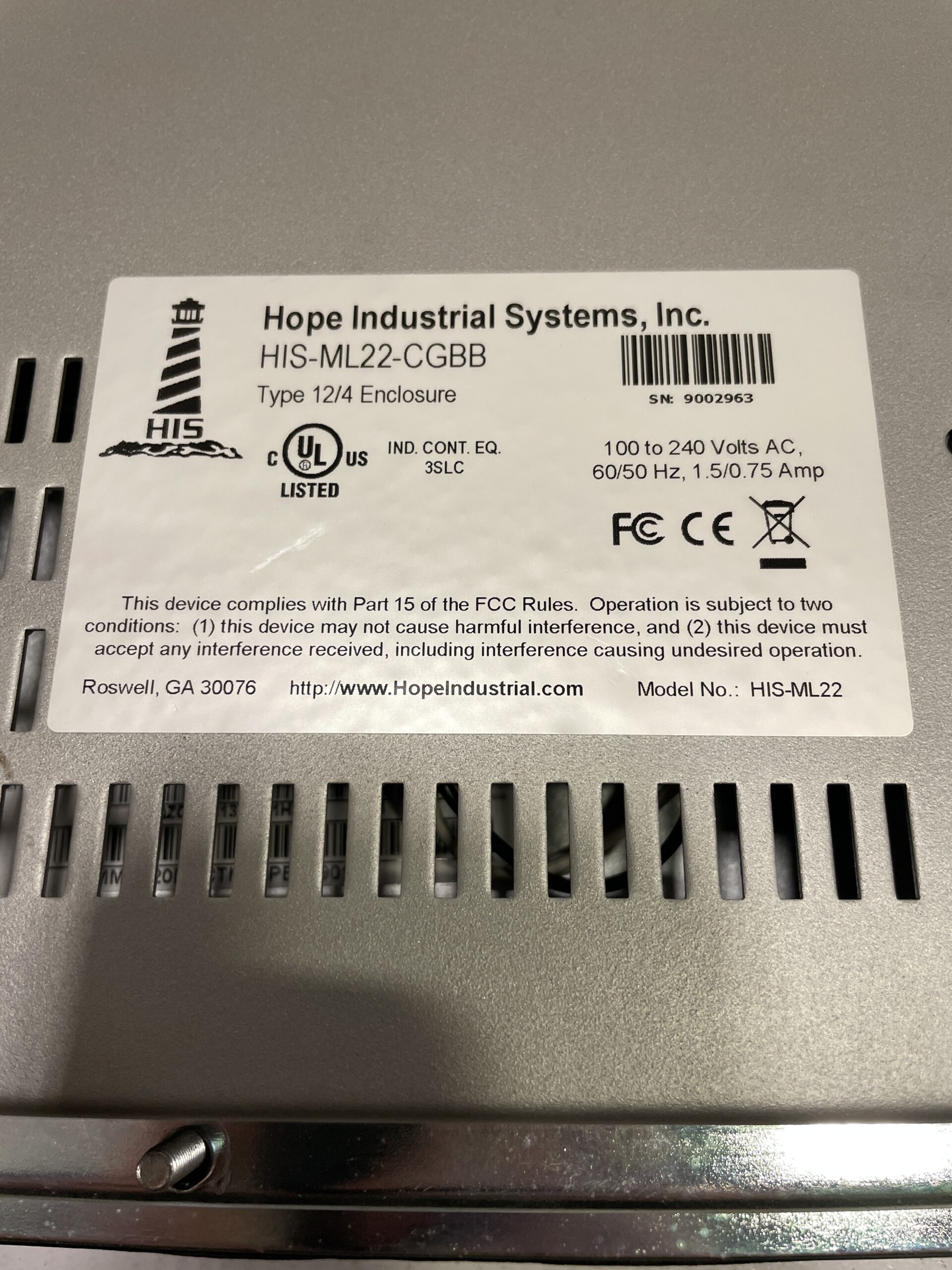 Hope Industrial Systems HIS-ML22-CGBB 22” Operator Interface Panel 100-240VAC - Image 7