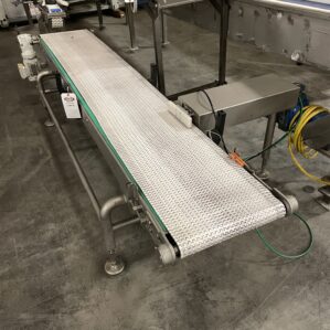 16.5" SS Powered Belt Conveyor 103" Long x 25" High w/ 8.5" Cross-Belt Pneumatic Pusher