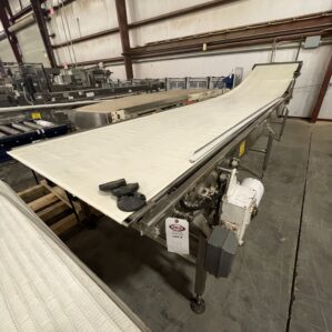 42" Hanover SS Powered Hinged Belt Conveyor 15' x 40"-63" High 17.25RPM 3PH