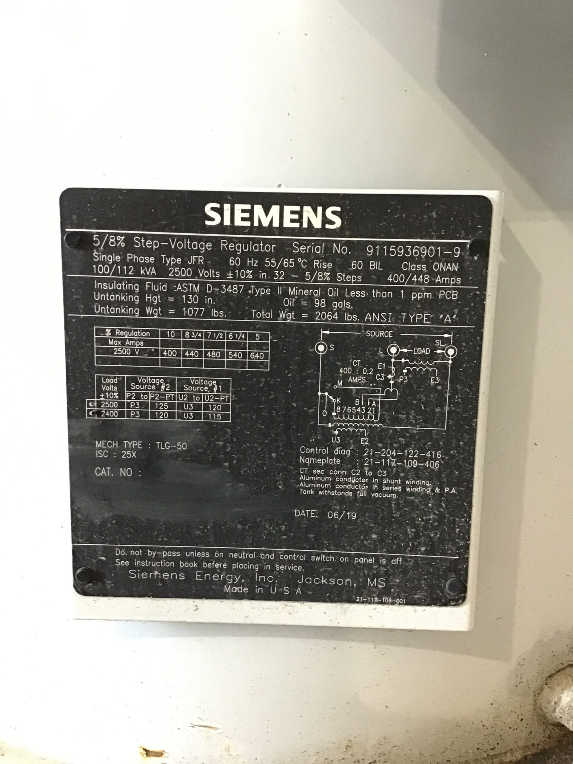 Siemens JFR Type 100/112 kVA 2500V Step-Voltage Regulator – Single