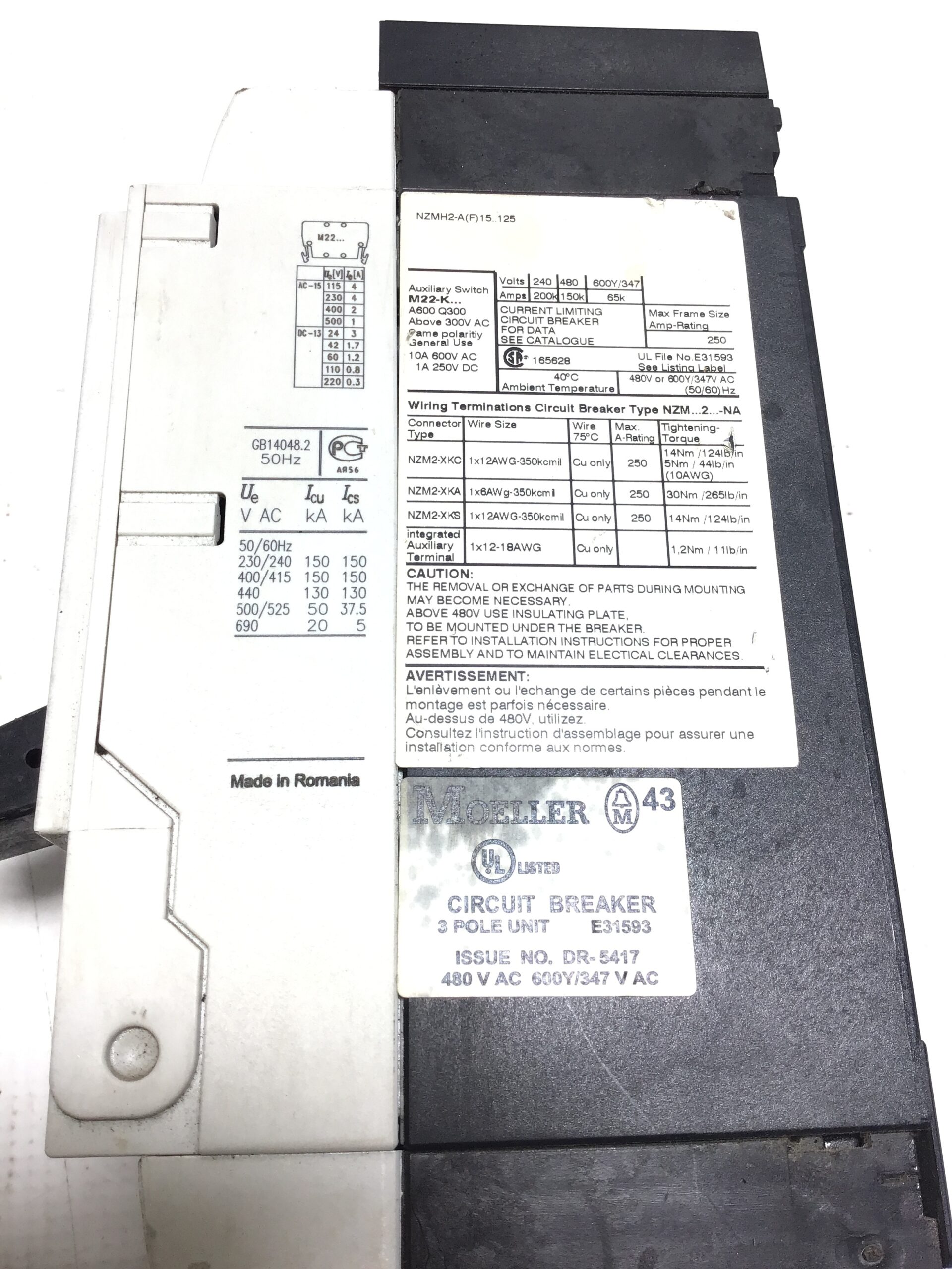 Moeller Eaton NZM2-H-A(F)15.125 3 Pole MCCB Circuit Breaker 125A 600V - Image 4