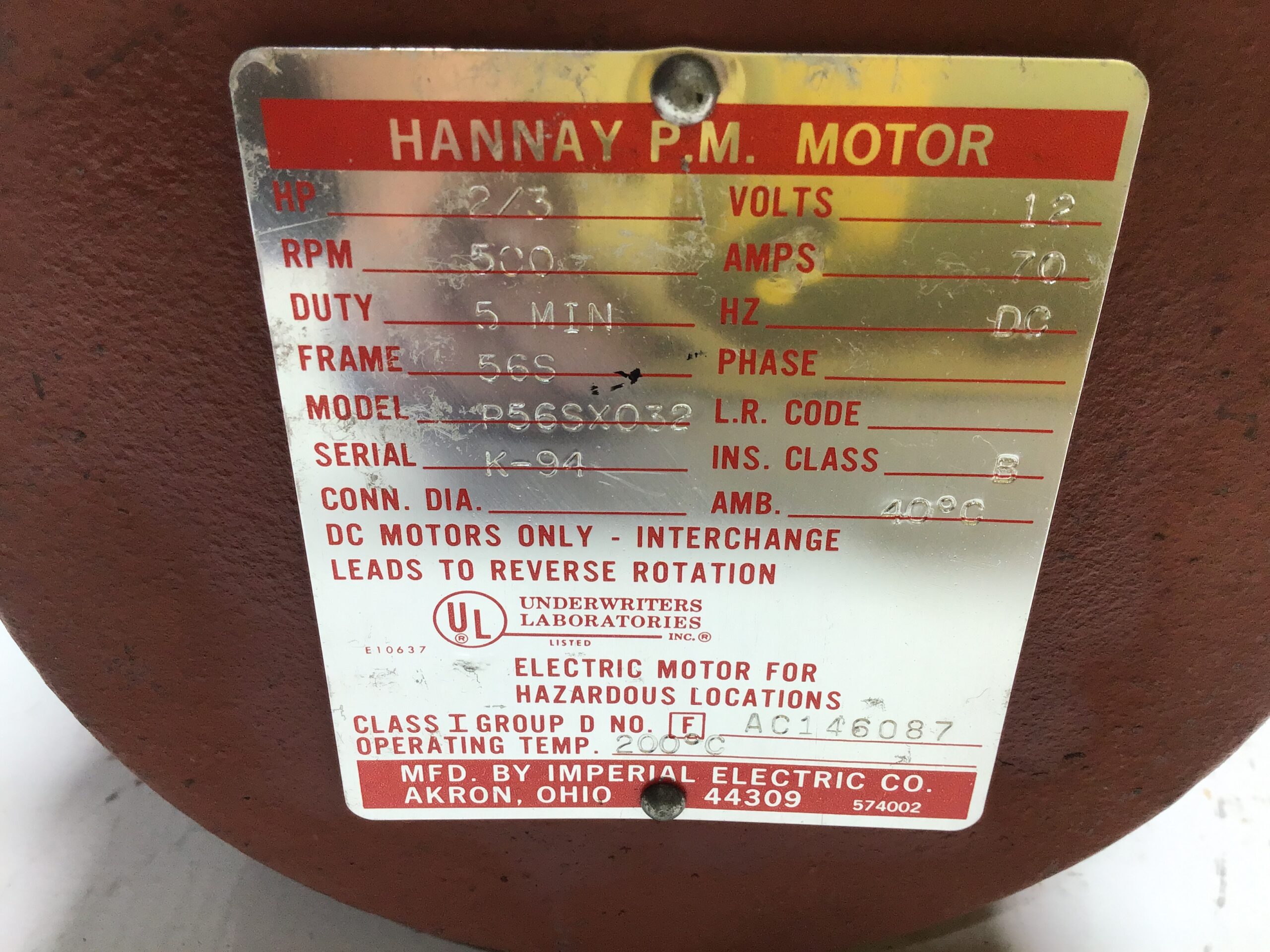 Hannay P56SX032 Permanent Magnet DC Motor 2/3HP 500RPM - Image 2