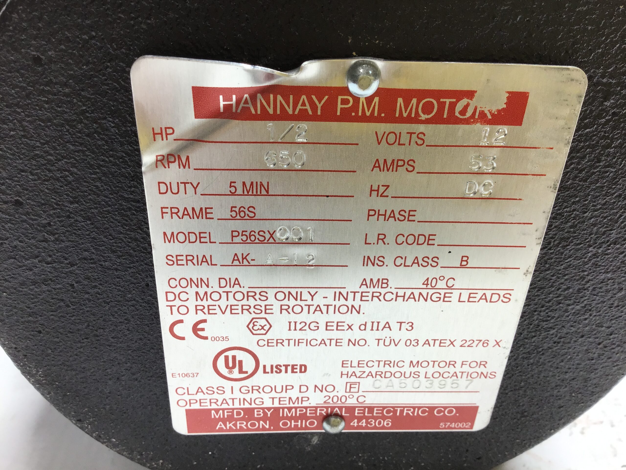 Hannay P56SX001 Permanent Magnet DC Motor 1/2HP 650RPM 12V - Image 2