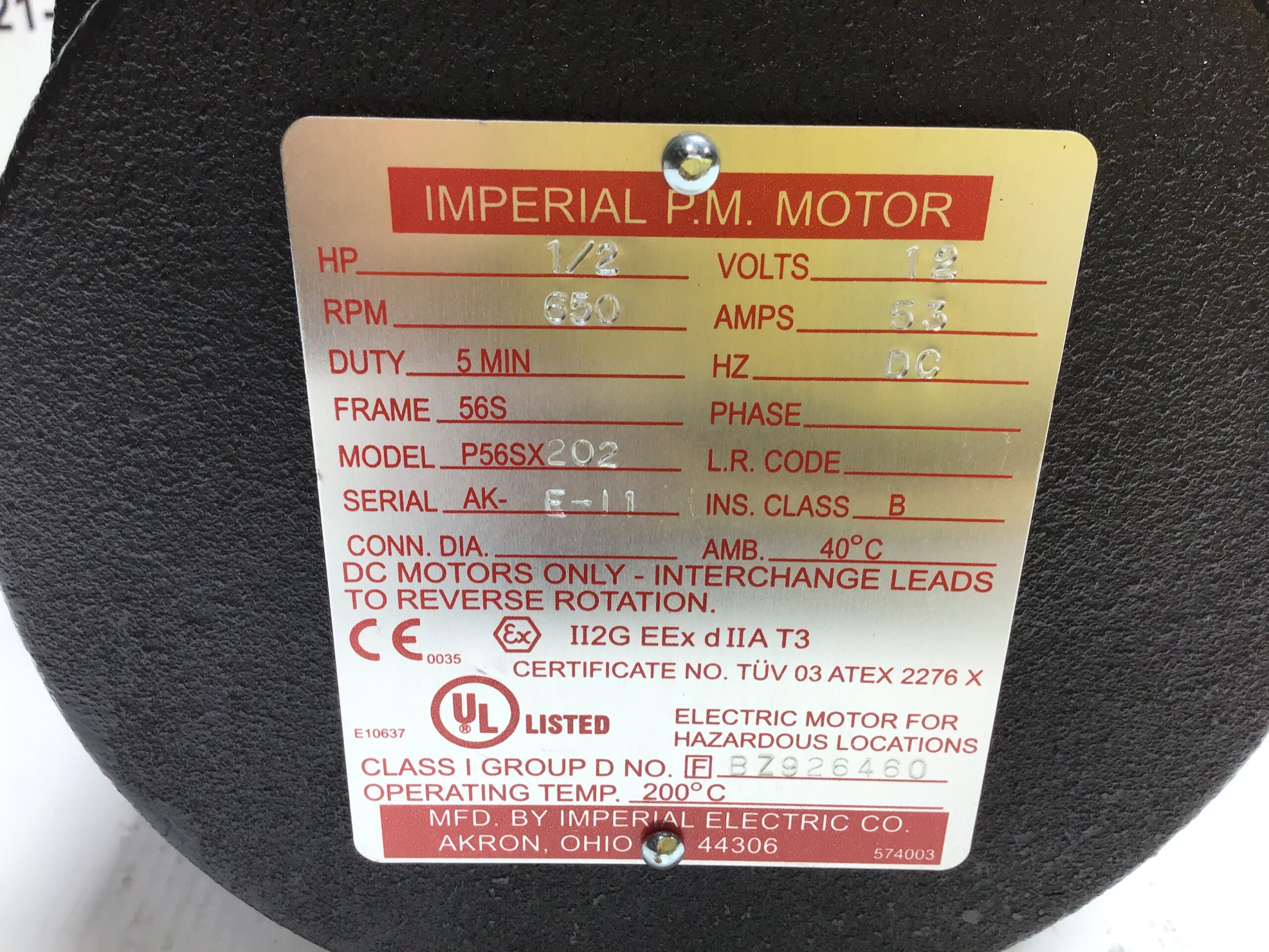 Imperial P56SX202 Permanent Magnet DC Motor 1/2 HP 650 RPM - Image 2