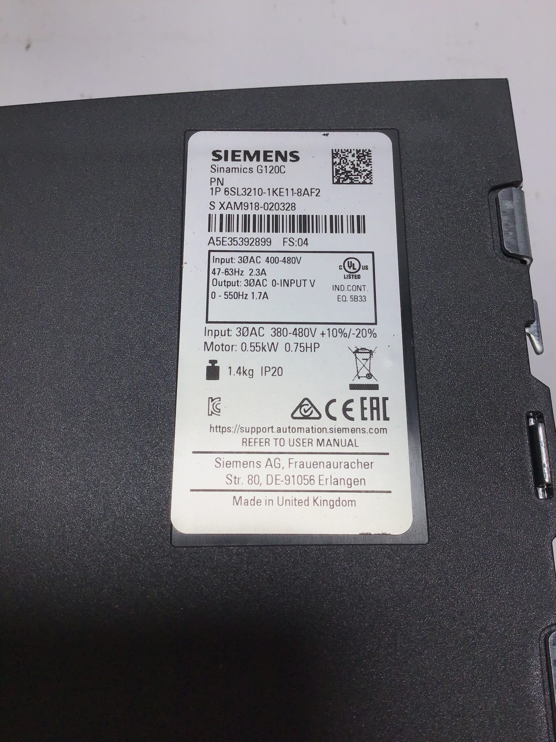 Siemens SINAMICS G120C 1P 6SL3210-1KE11-8AF2 Frequency Converter Drive 0.55 kW 0.75 HP - Image 6