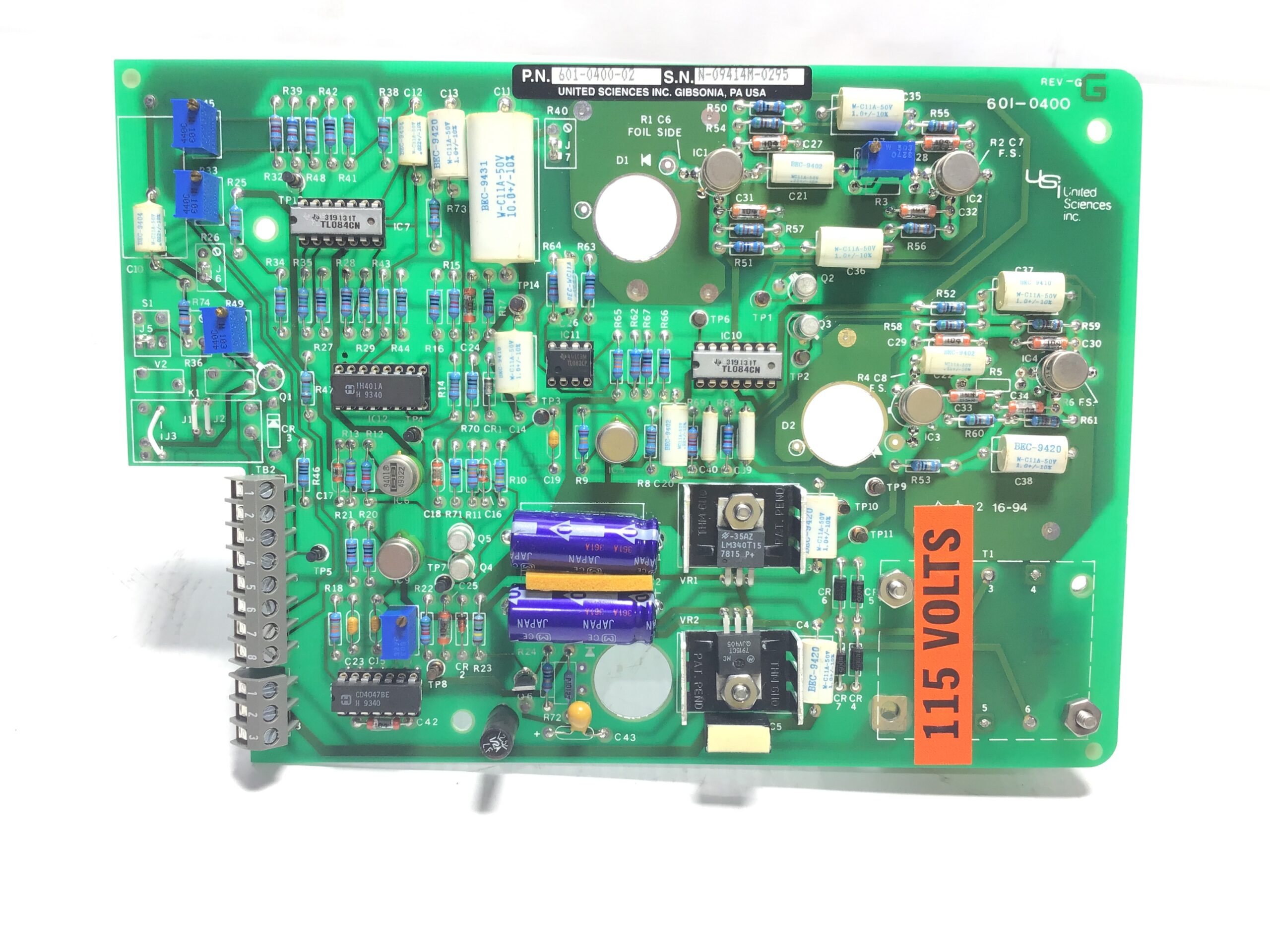 United Sciences Inc 601-0400-02 Rev G PCB Board 115V Signal Transformer PC