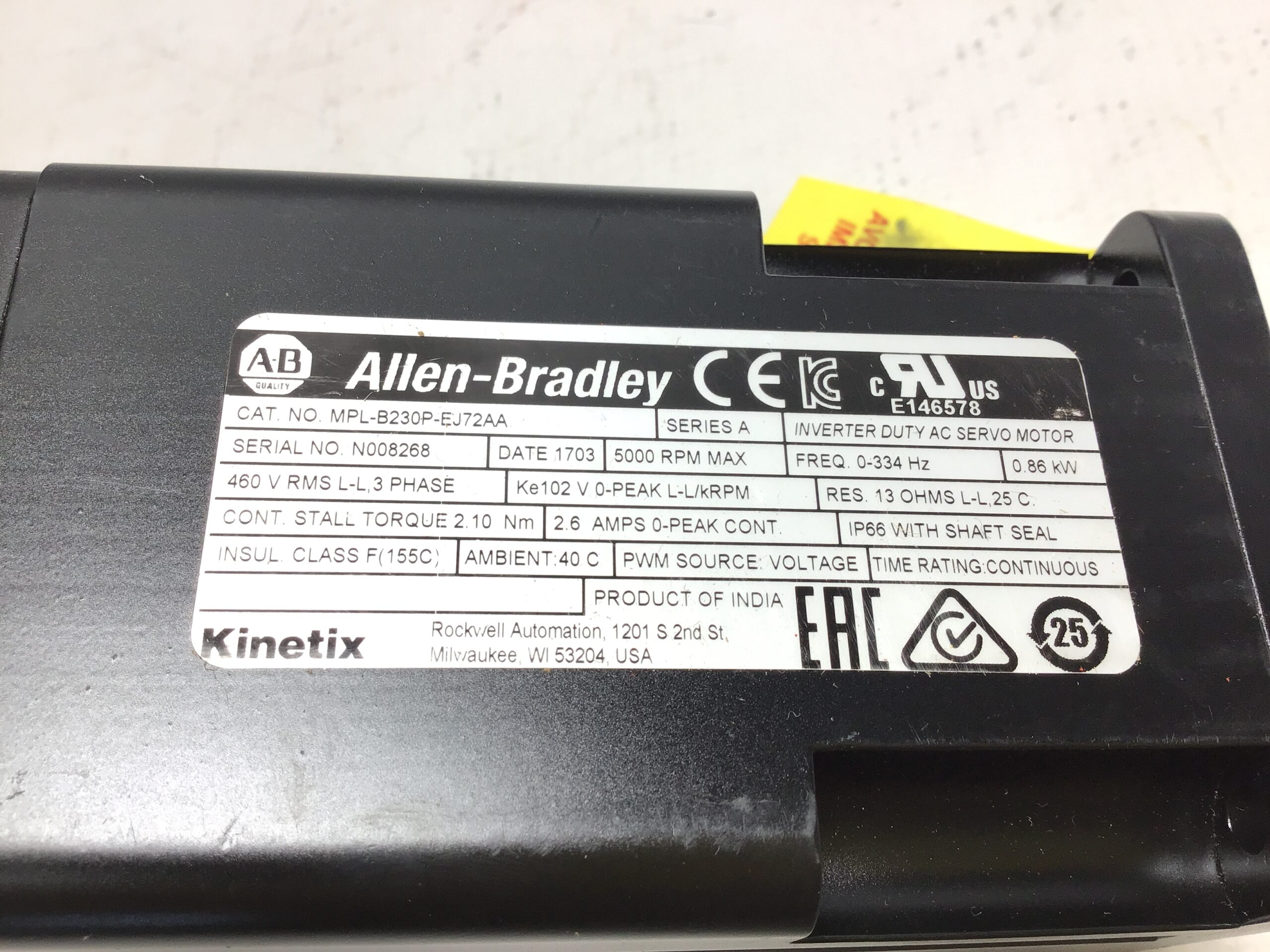 Allen-Bradley MPL-B230P-EJ72AA Inverter Duty AC Servo Motor Ser A 5000 RPM - Image 7