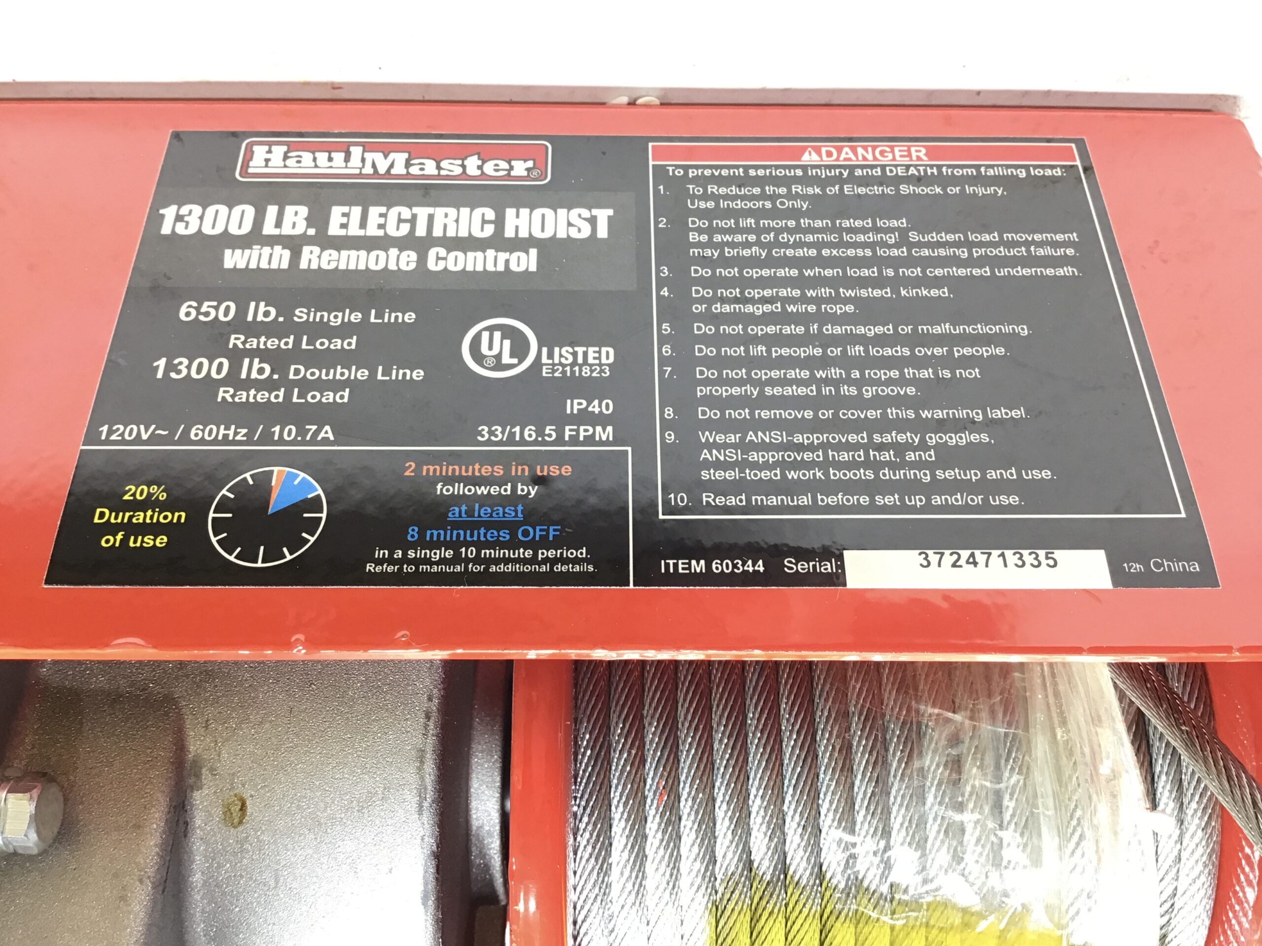 HaulMaster 60344 1300 LB Electric Hoist Remote Control 120V Wire Rope Winch Lift - Image 6