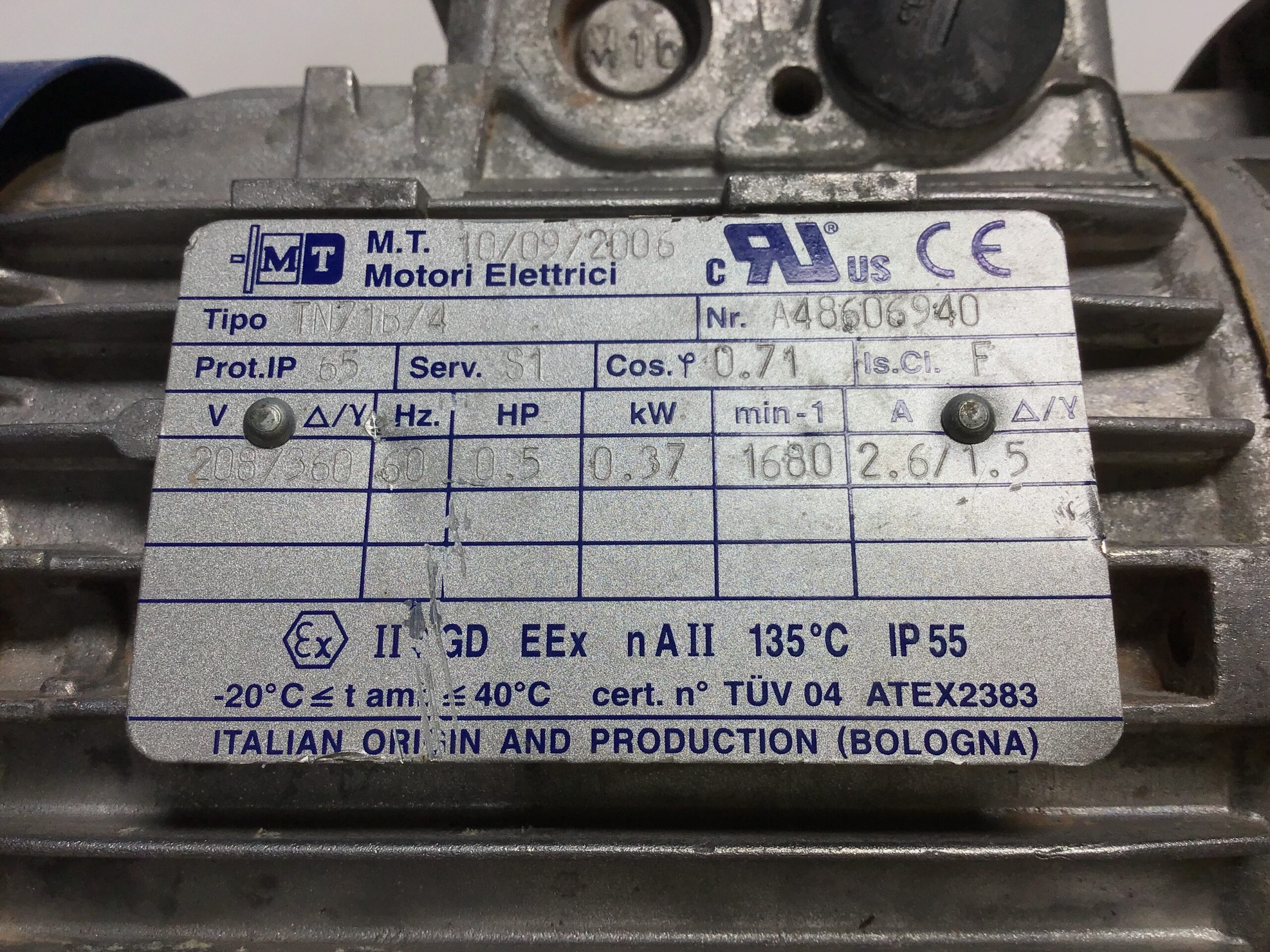 M.T. TN71B/4 0.37kW 0.5HP 1680RPM 3 Phase ATEX Motor IP55 208/360V - Image 7