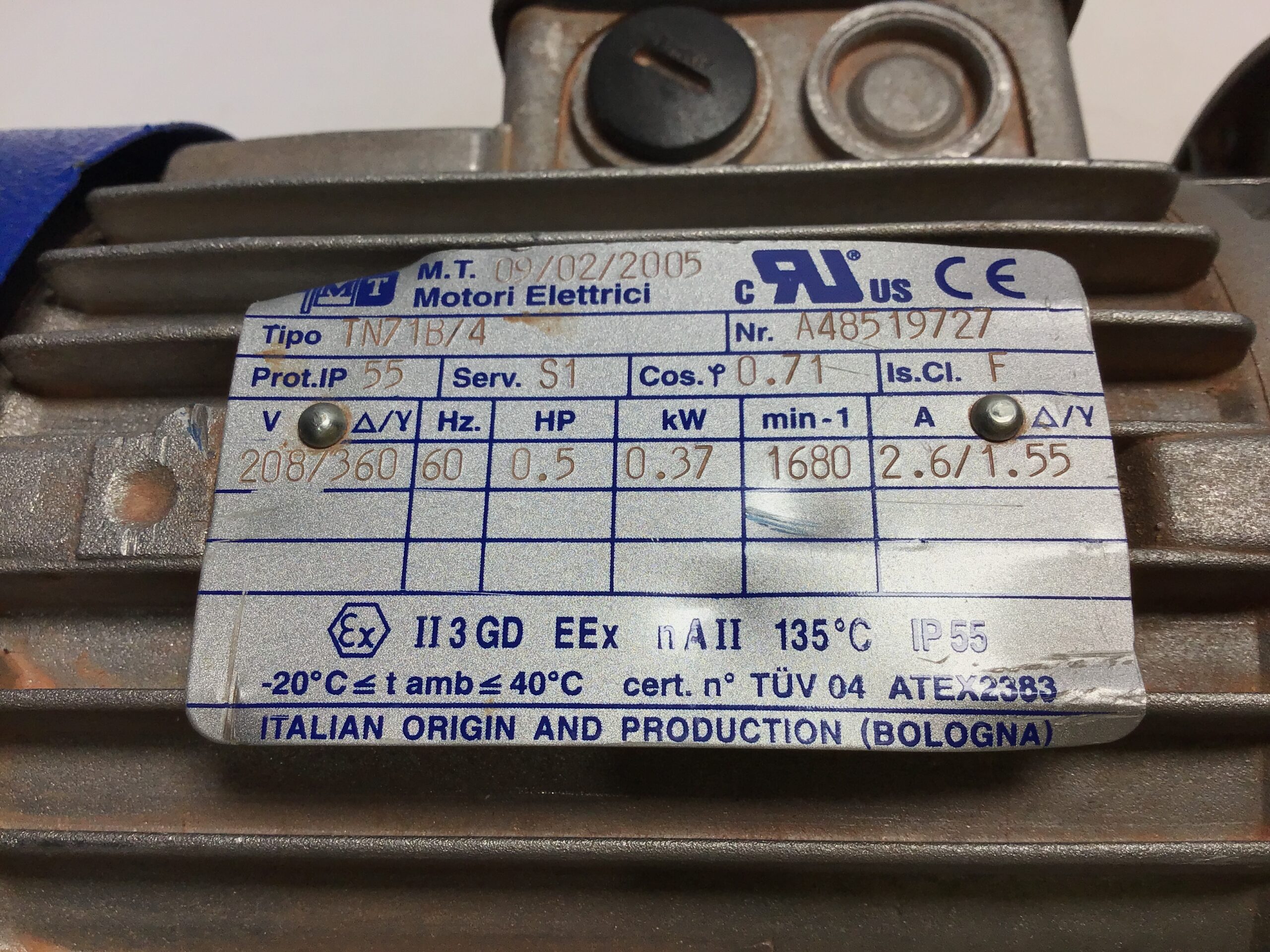 M.T. Motori Elettrici TN71B/4 0.37kW 0.5HP 208/360V 60Hz ATEX Electric Motor - Image 7