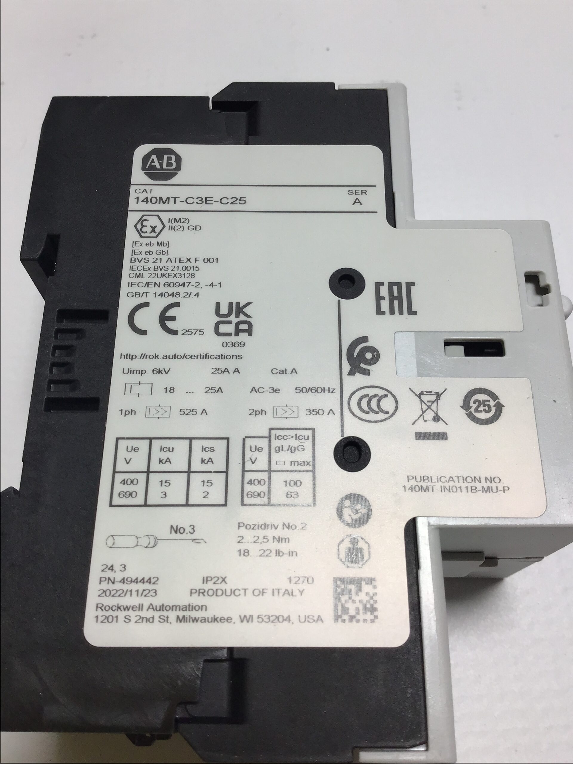 Allen-Bradley 140MT-C3E-C25 Motor Protection Circuit Breaker 18-25A 3P 480V - Image 4