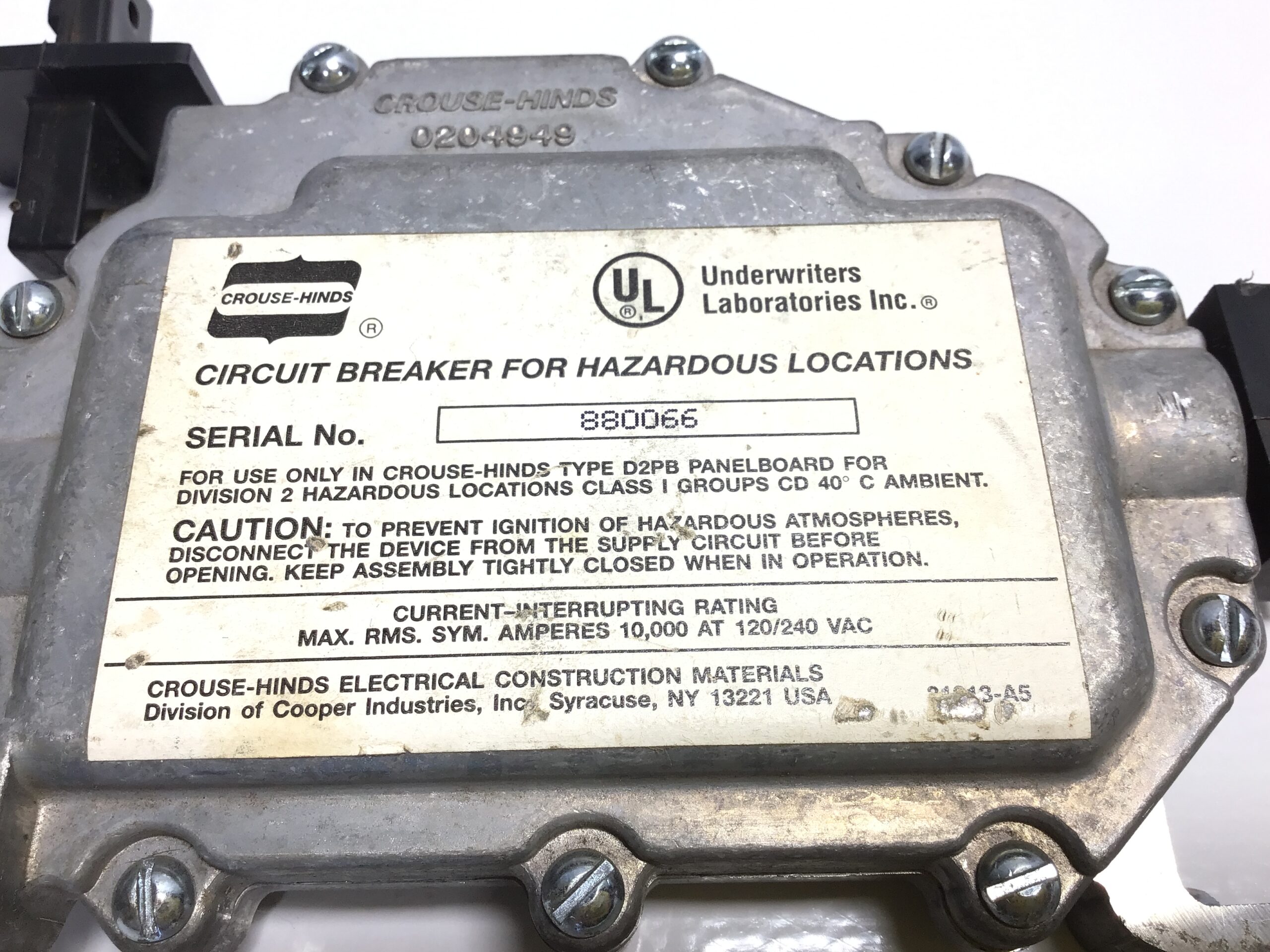 Crouse-Hinds D2 B11 20 M3 Hazardous Location Circuit Breaker 120/240V 10kA UL 1 Pole - Image 2