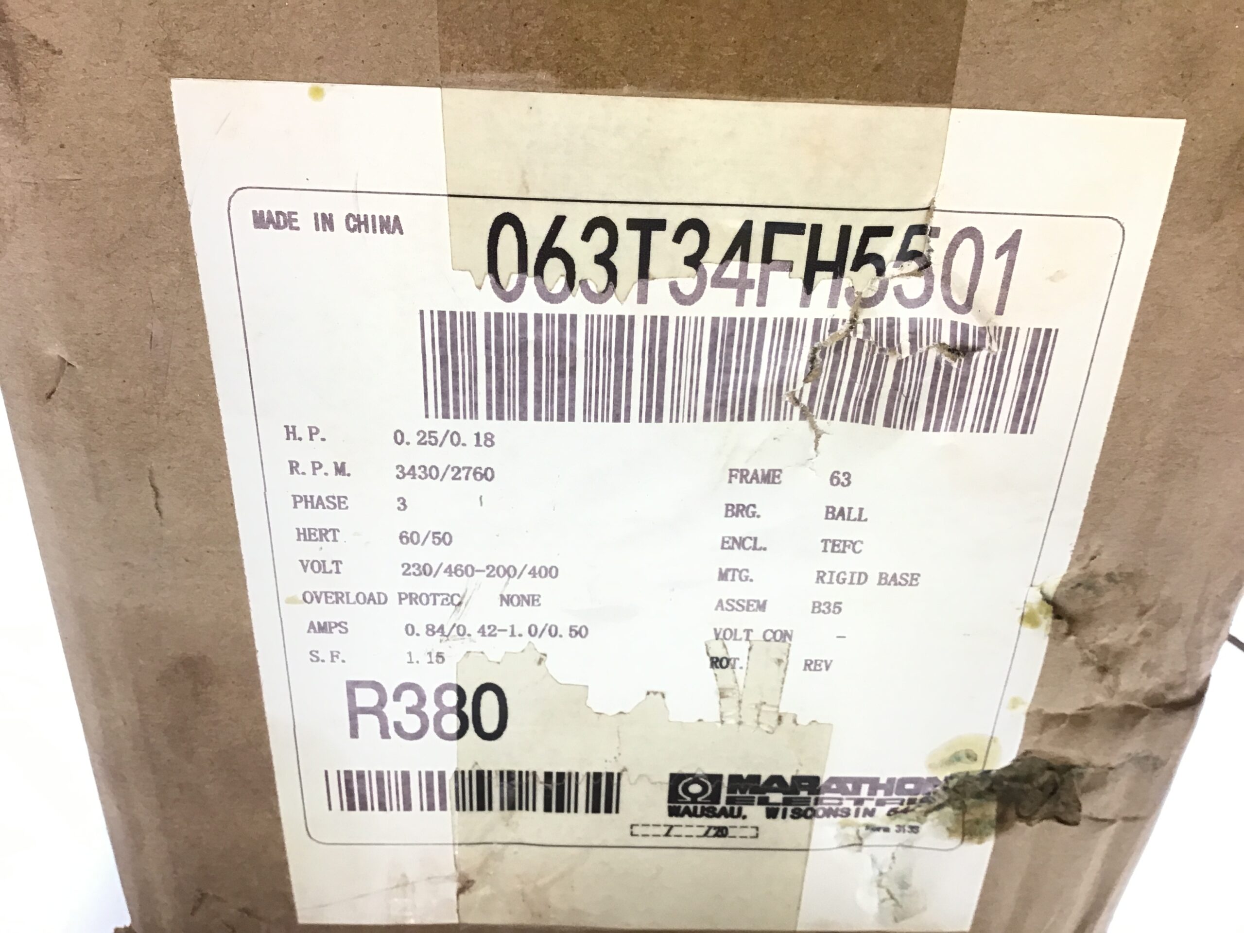 Marathon Electric 63T34FH5501 Metric Electric Motor 0.25HP 3PH 200/460V - Image 2