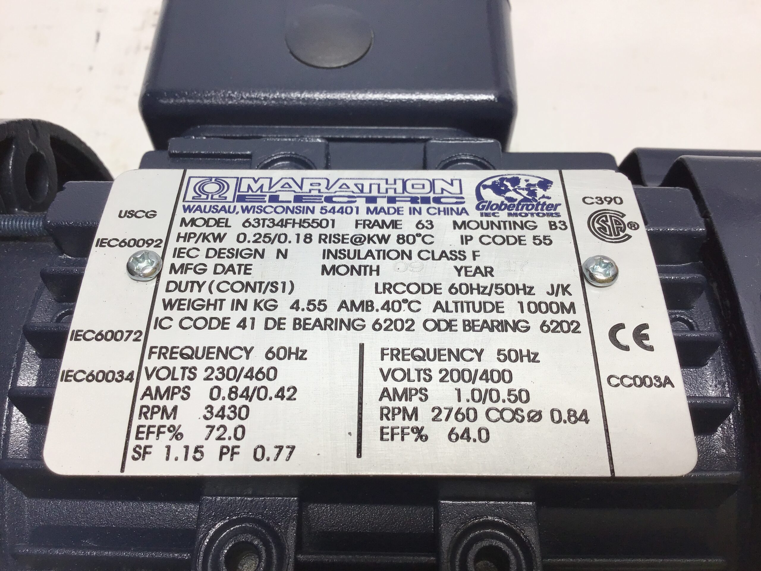 Marathon Electric 63T34FH5501 Metric Electric Motor 0.25HP 3PH 200/460V - Image 4