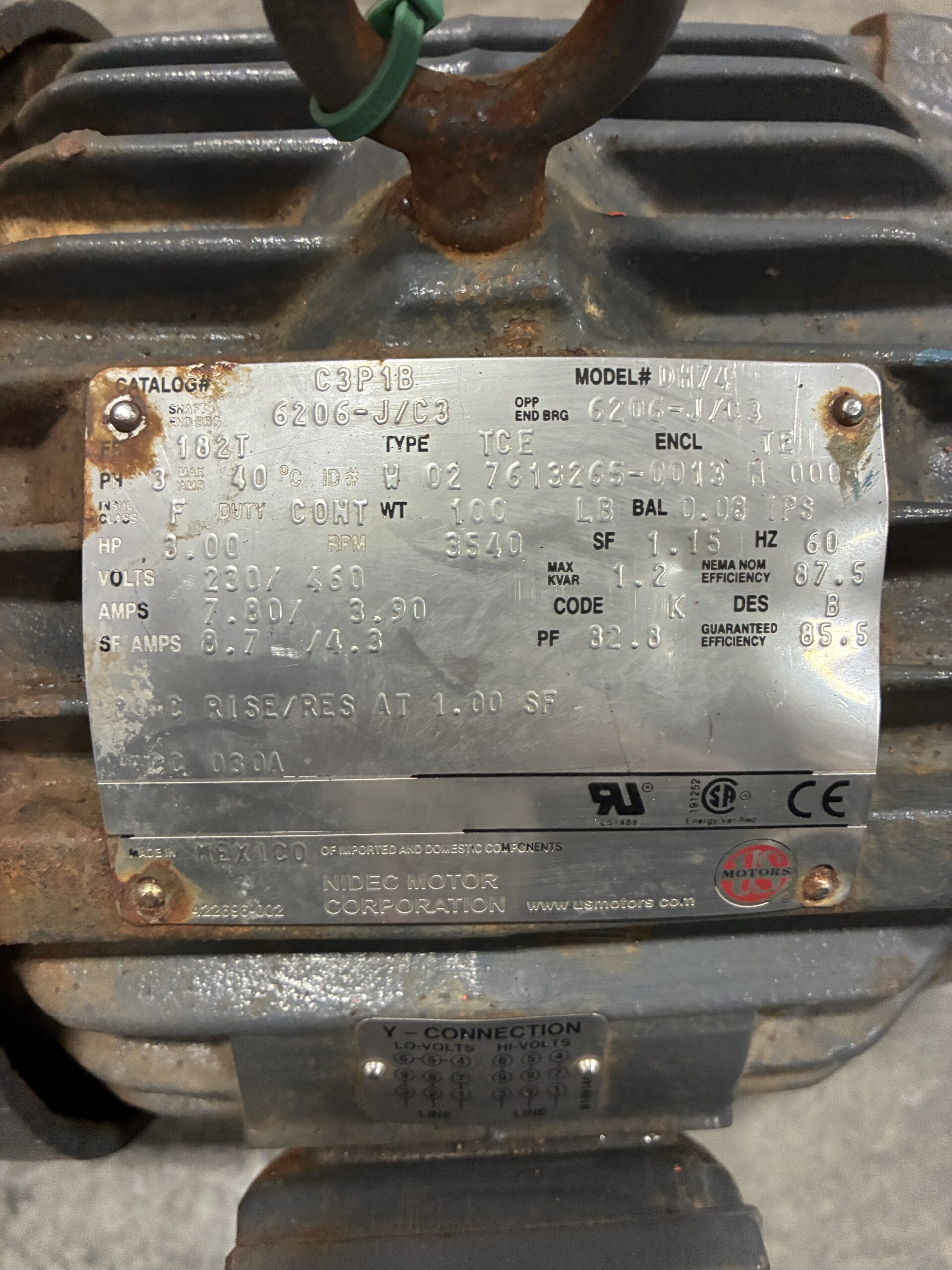 US Motors DH74 3HP Electric Motor 3540RPM 230/460V 3PH - Image 5