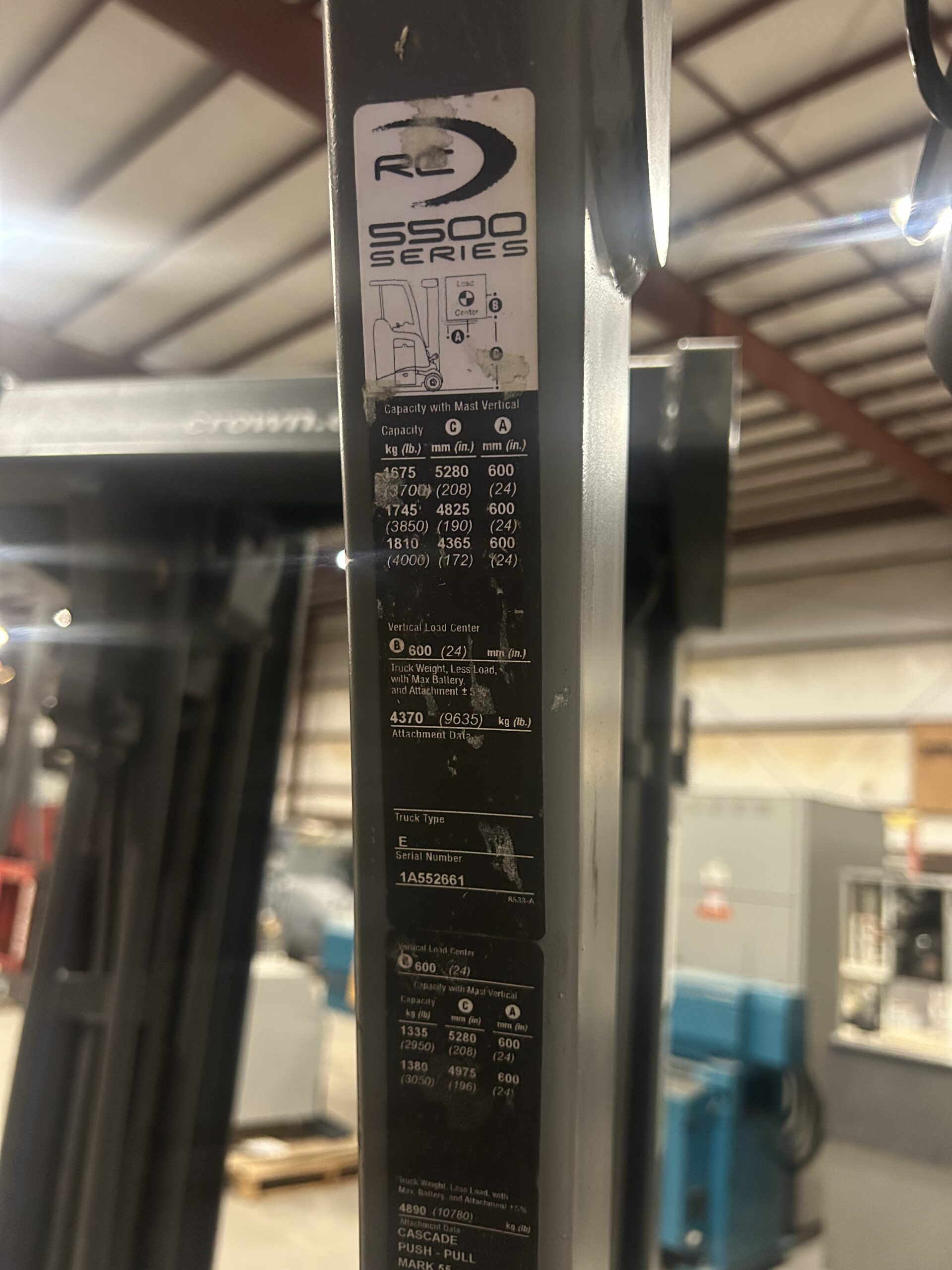 Crown RC5545-40 Narrow Aisle Stand Up Forklift / Hi-Lo 36V w/ Added Wet Lines - Image 7