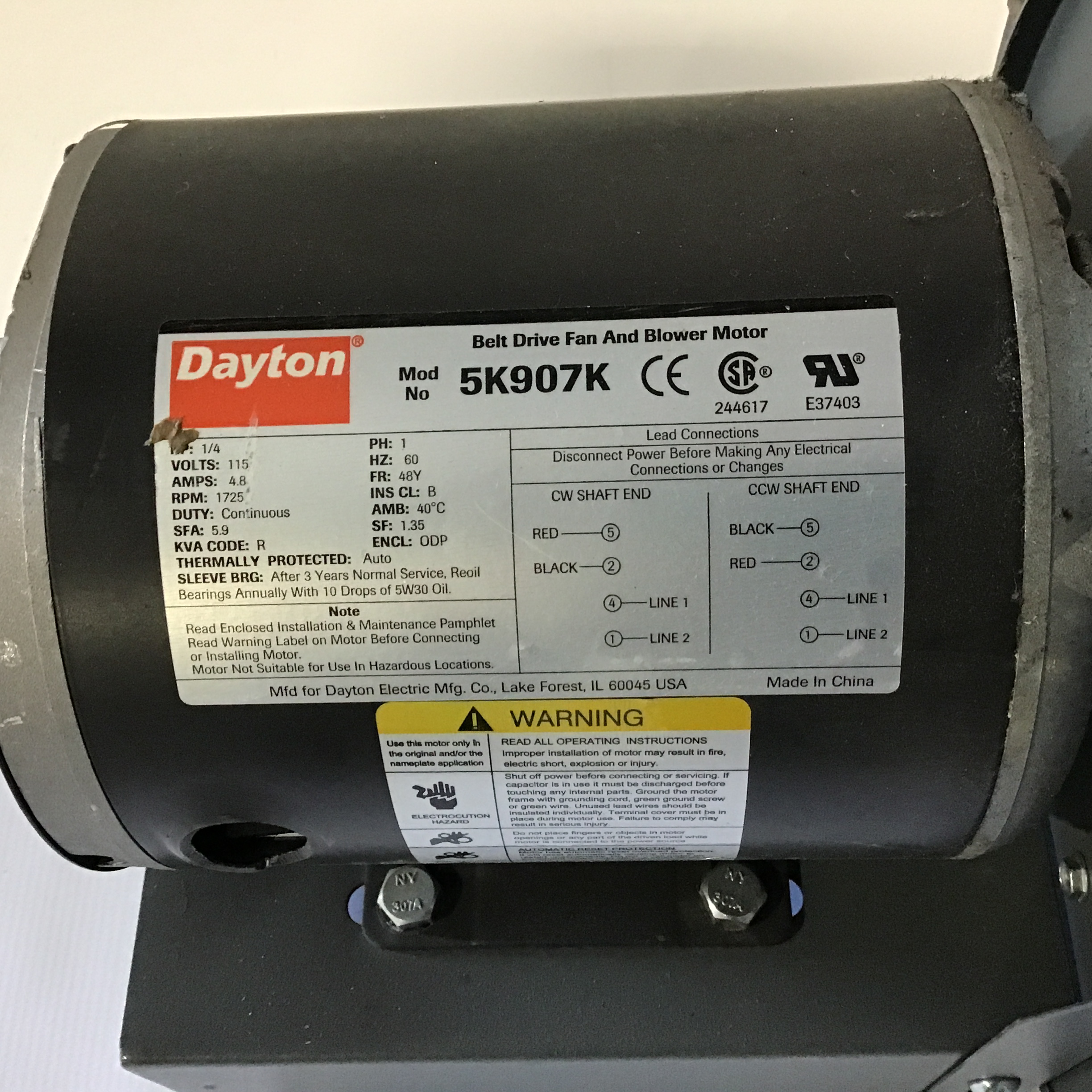 Dayton 5K907K Belt Drive Fan And Blower Motor 1/4HP 4.8A - Image 5