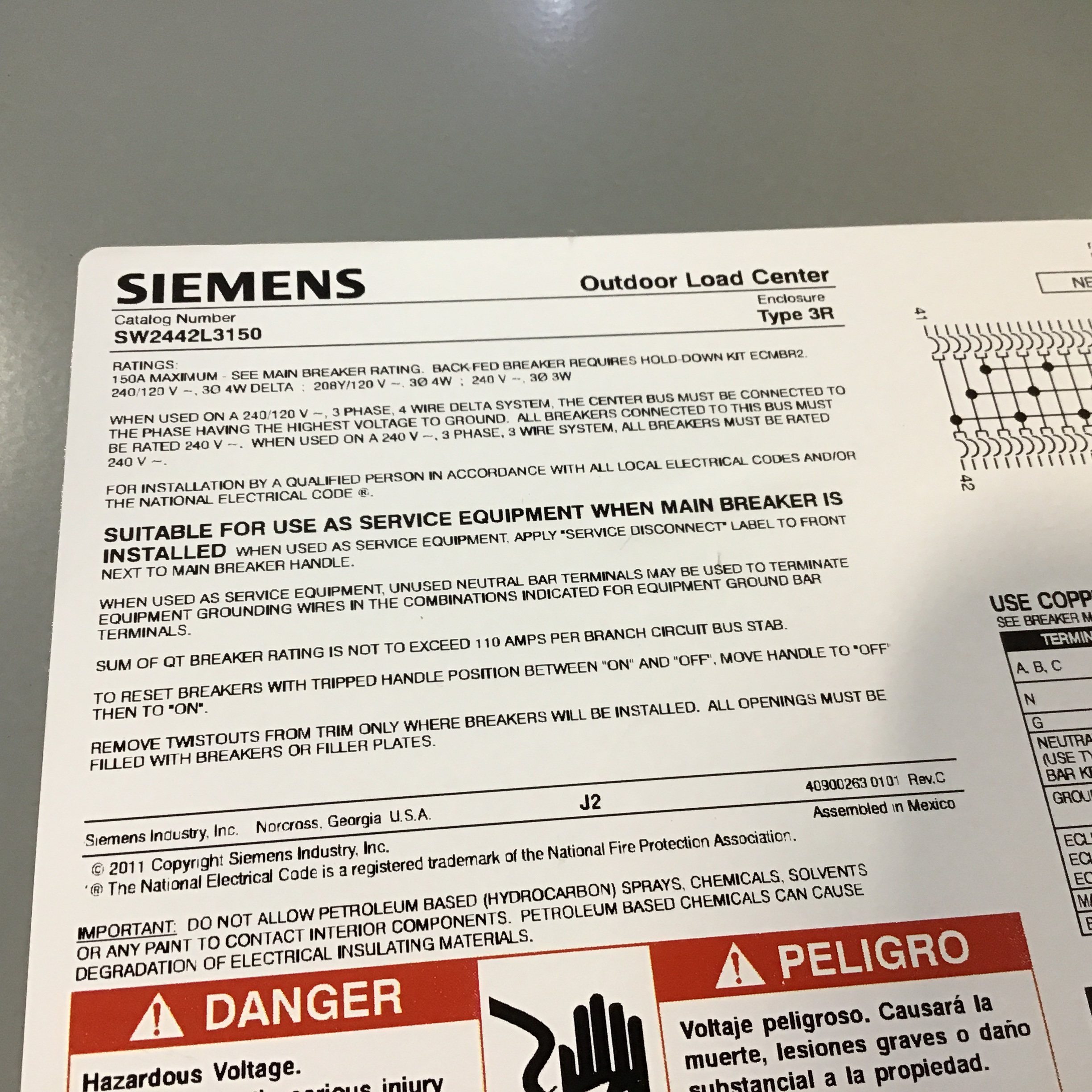 Siemens SW2442L3150 Outdoor Load Center Type 3R 150 A - Image 7