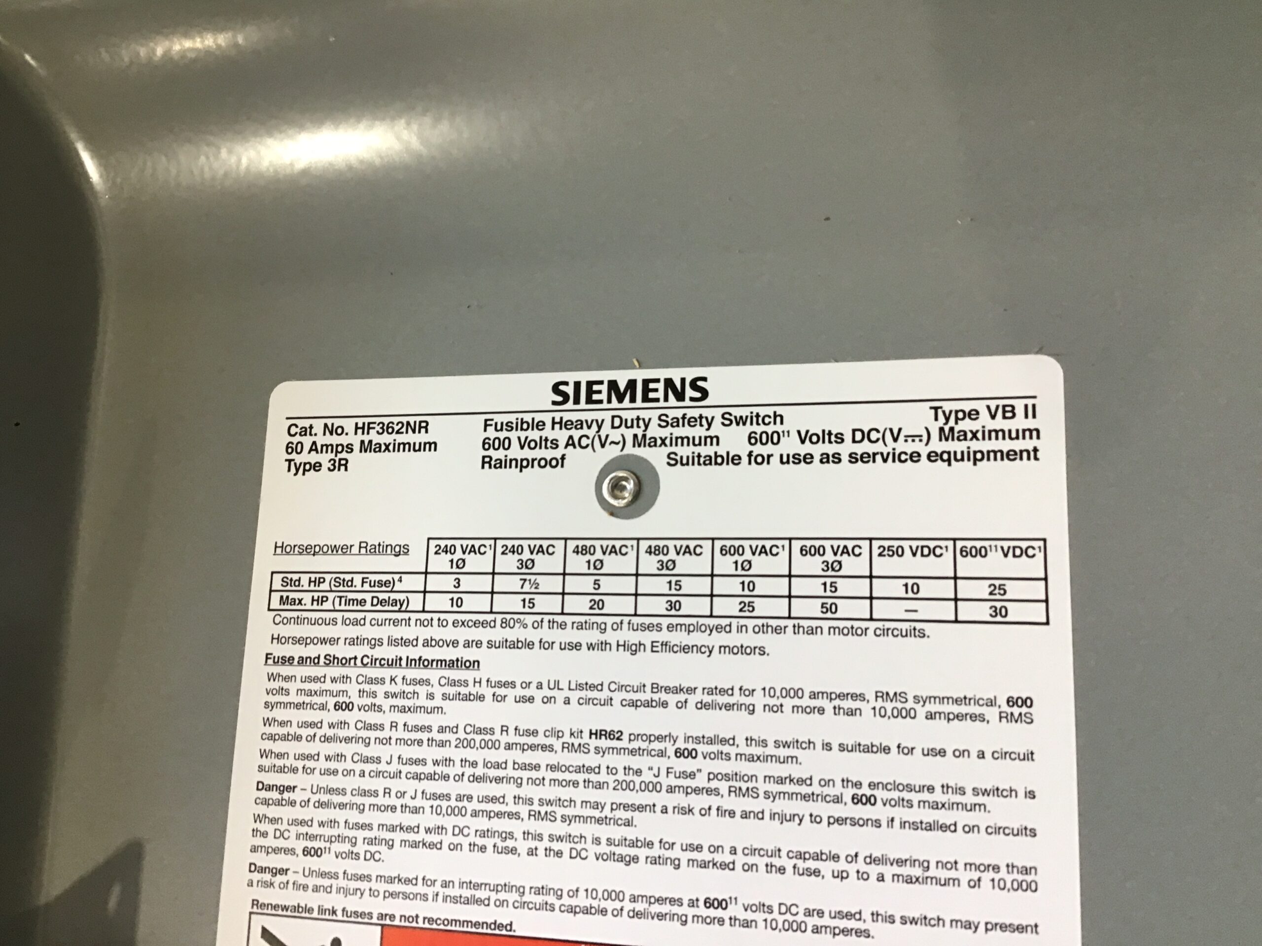 Siemens HF362NR Fusible Heavy Duty Safety Switch Type VB II 60A - Image 5