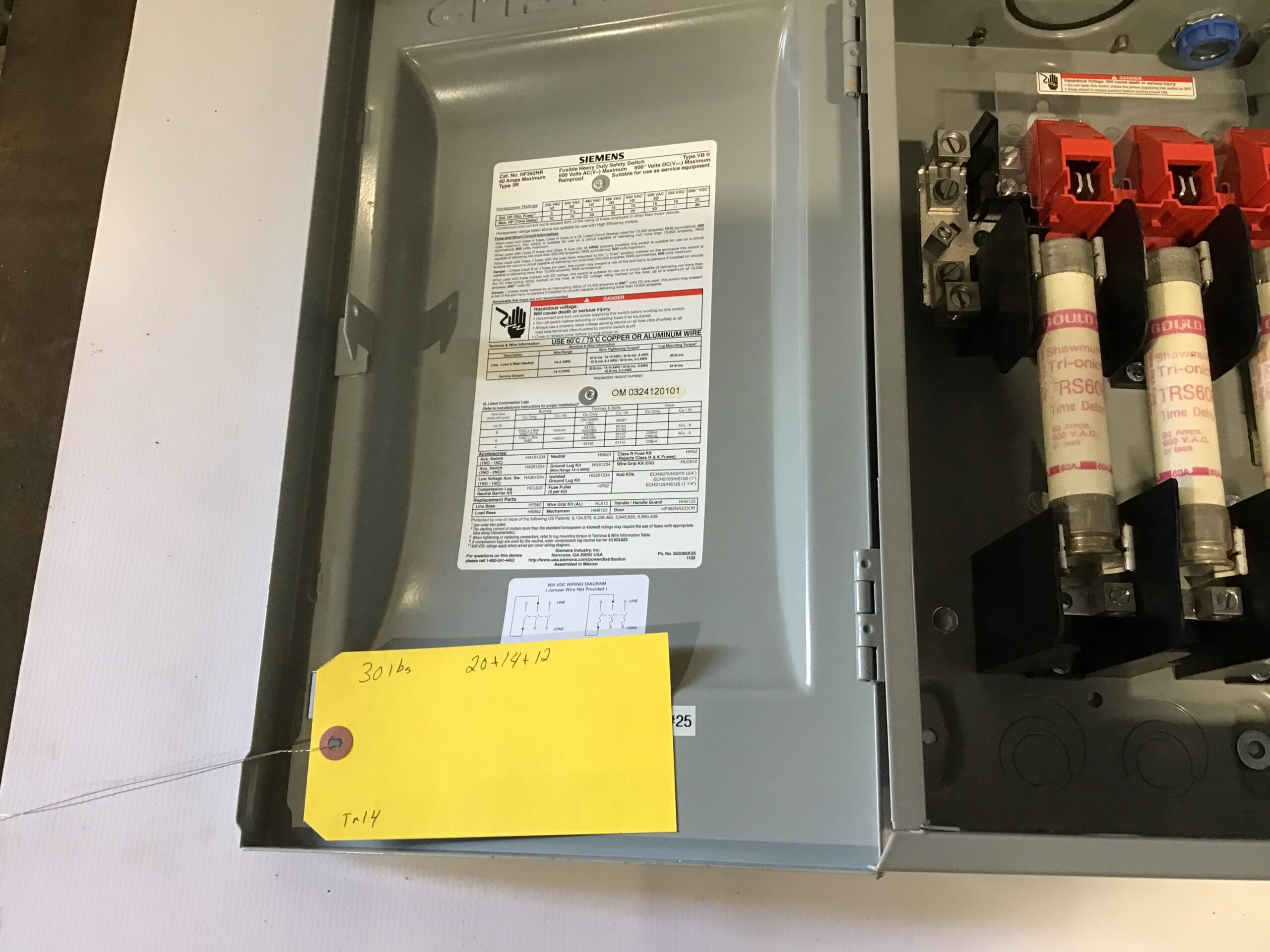 Siemens HF362NR Fusible Heavy Duty Safety Switch Type VB II 60A