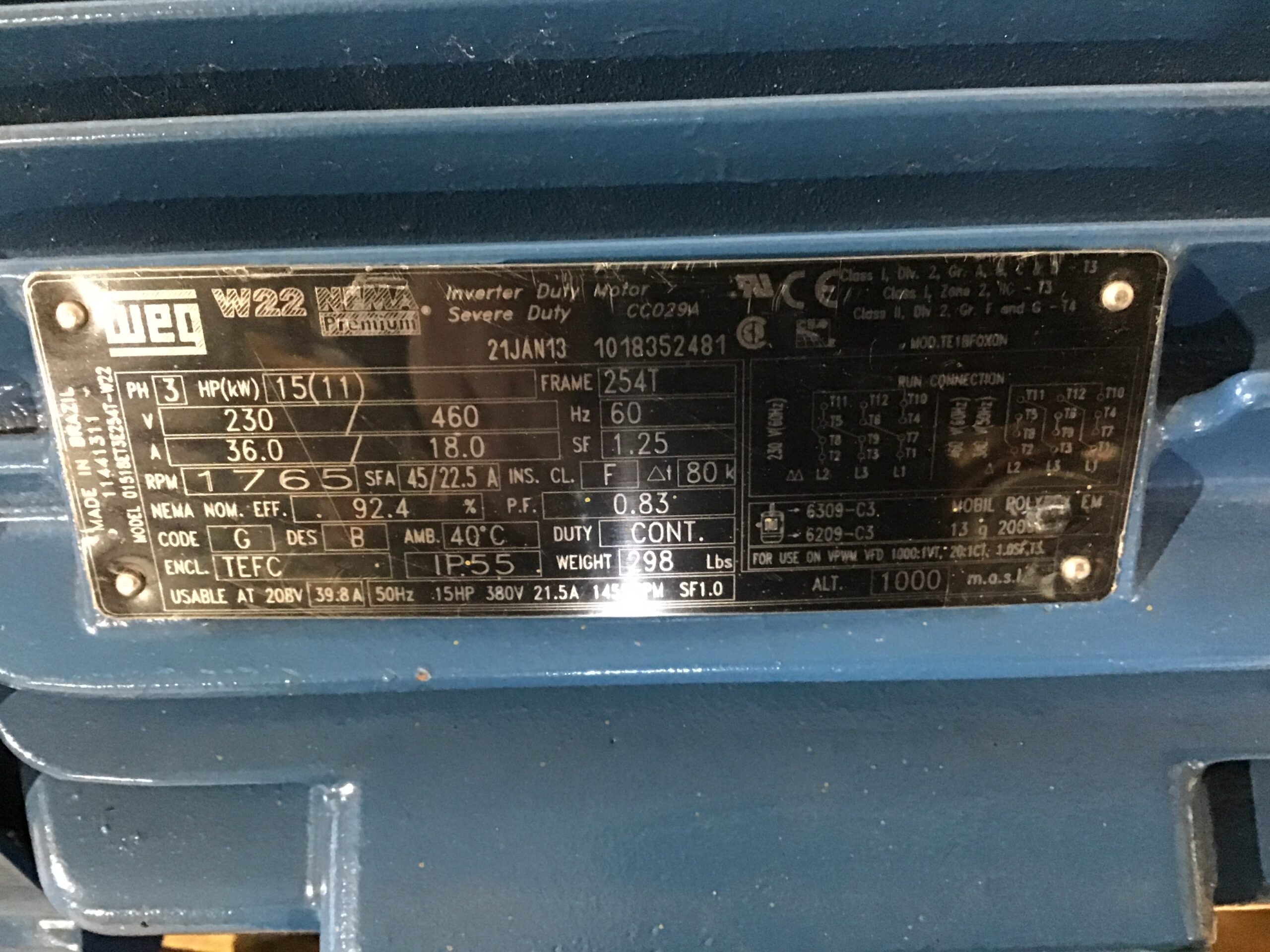 Weg 01518ET3E254T-W22 Inverter Duty Motor 3PH 15HP 11kW - Image 5